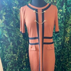 NWT Ming Wang Button Detail Contrast Trim Soft Knit Dress brown orange sz small